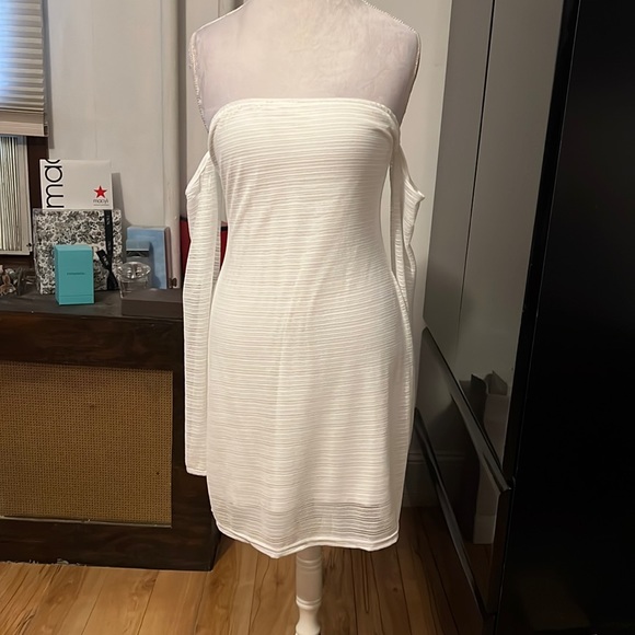 Dresses & Skirts - White dress with white sheer overlay off the shoulders with sheer long sleeves
